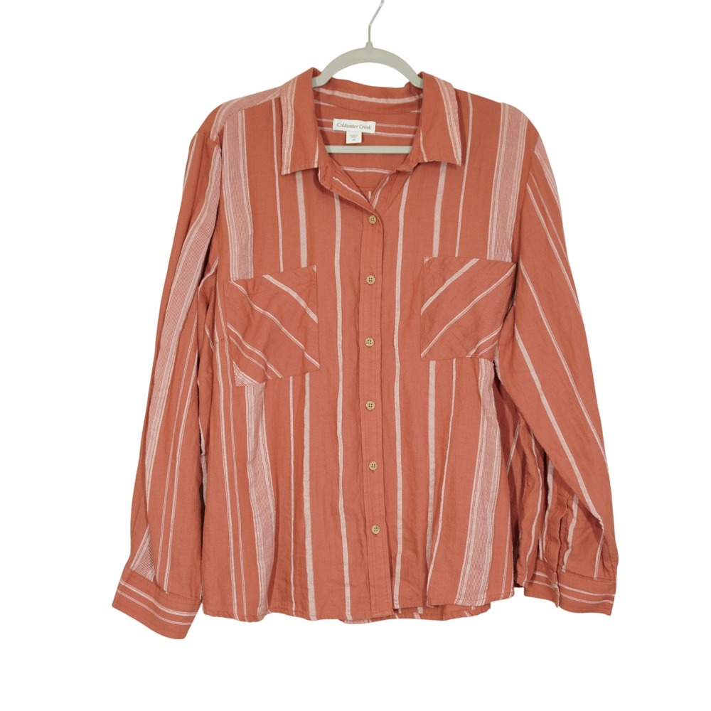 Coldwater Creek Size 2X Terracotta Orange White Striped Cotton Button Up Shirt